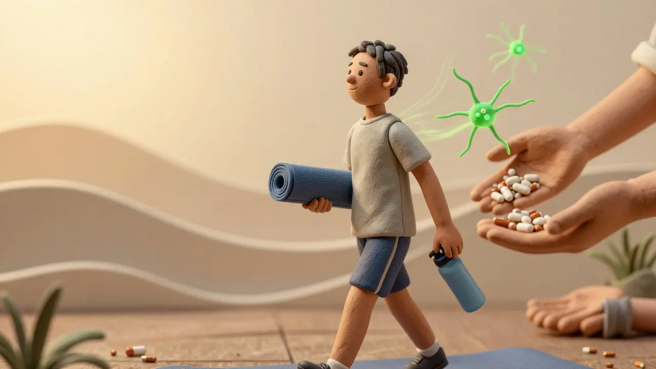 Patient healing without opioids, pills dissolving, calm light surrounding them.