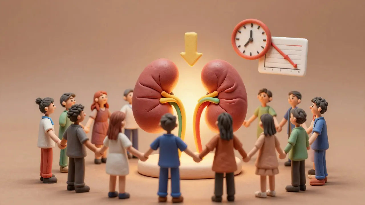 Patients gathered around a glowing kidney, symbolizing reduced proteinuria and delayed dialysis.