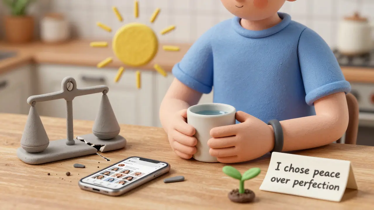 Person at table with water, surrounded by symbols of inner peace and freedom from body obsession.