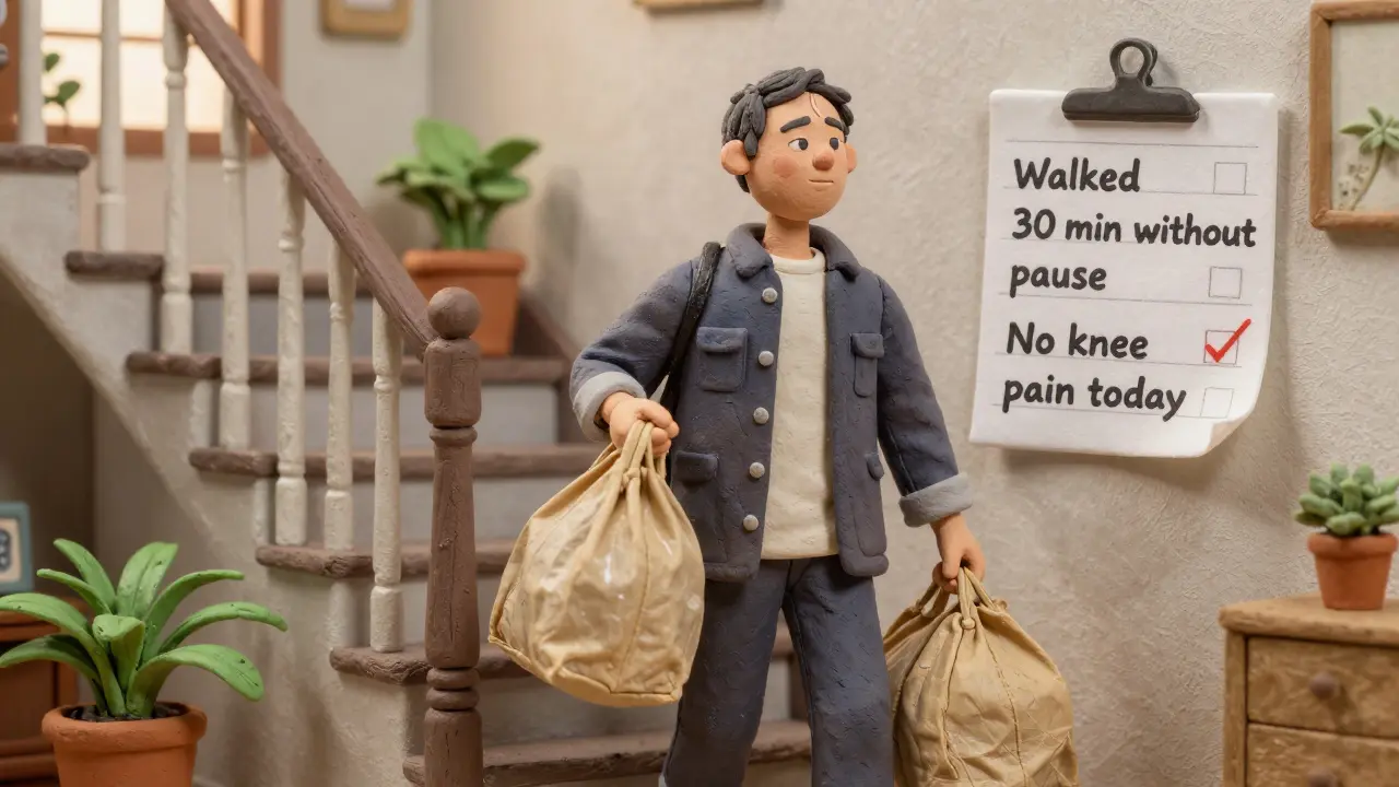 Person carrying groceries up stairs, smiling, with no signs of struggle.