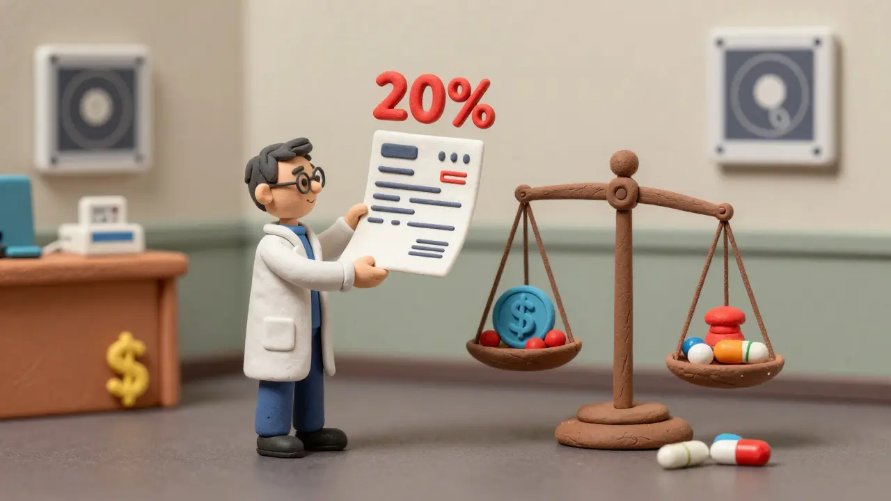 Person holding medical bill with coinsurance percentage on a clay scale.