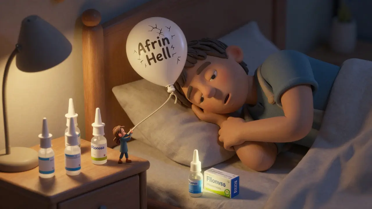 Person sleeping surrounded by empty spray bottles, nose shown as a cracking balloon, saline and steroid sprays nearby.