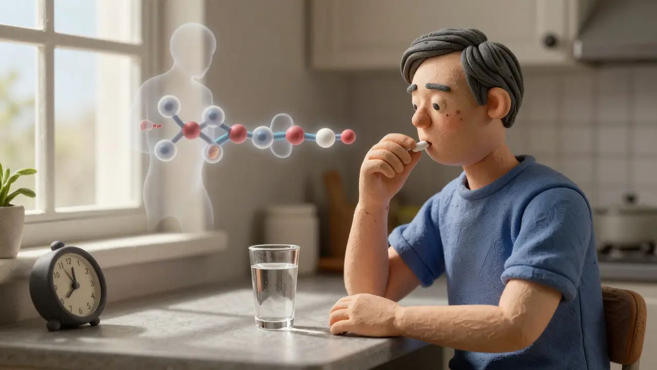 Person taking osteoporosis medication in the morning with water, sitting upright near a window.