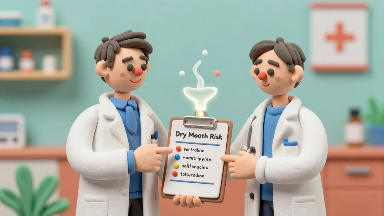 Pharmacist and dentist collaborating over patient file with glowing saliva fountain between them.