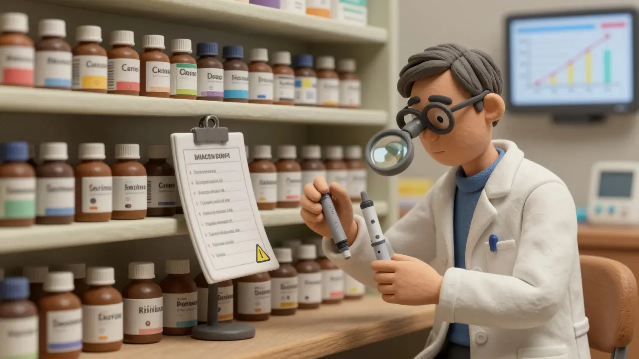 Pharmacist comparing two similar-looking generic insulin pens with subtle design differences