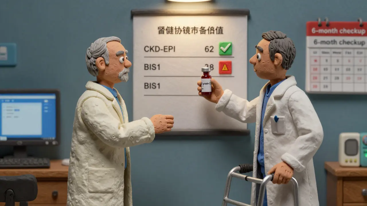 Pharmacist explaining kidney test results to senior, highlighting cystatin C vs. creatinine differences on a chart.
