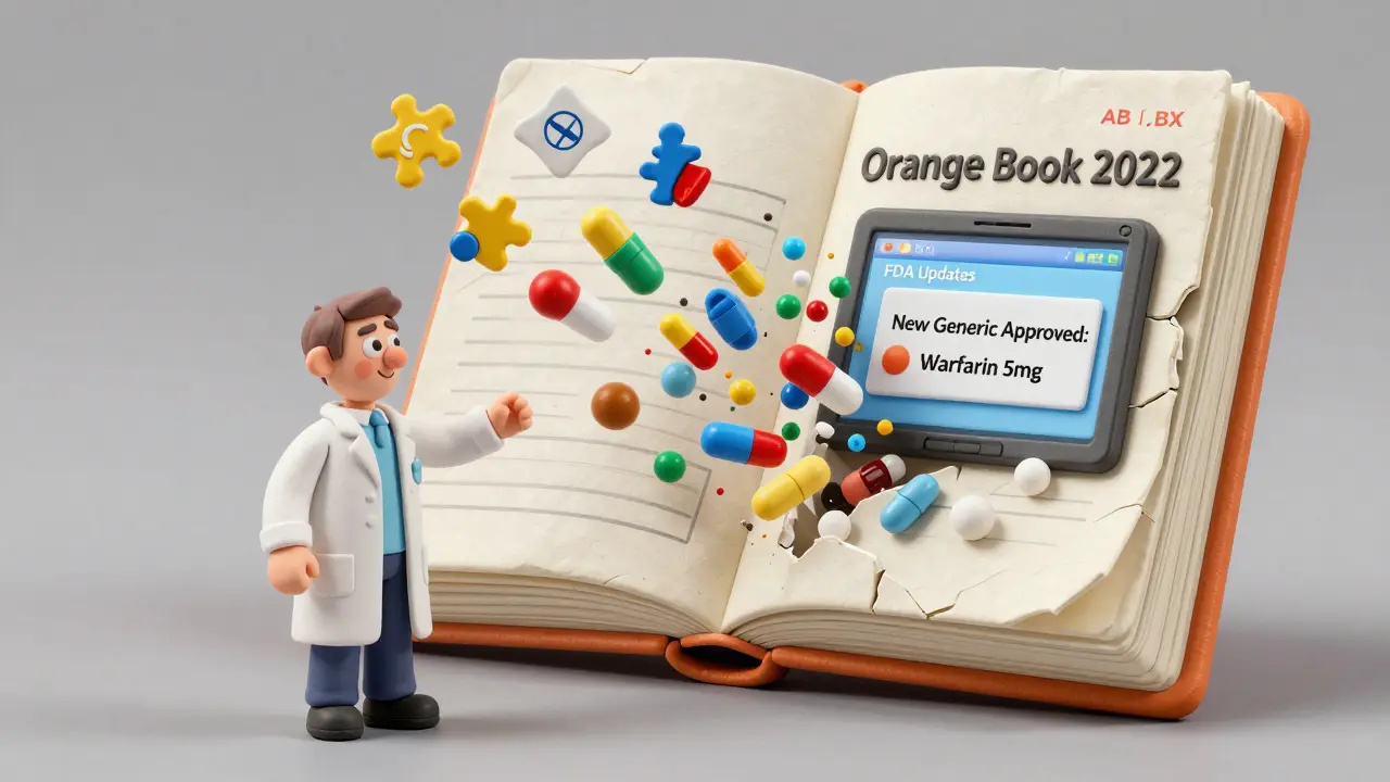 Pharmacist facing a crumbling Orange Book as new generic drug alerts burst from a tablet