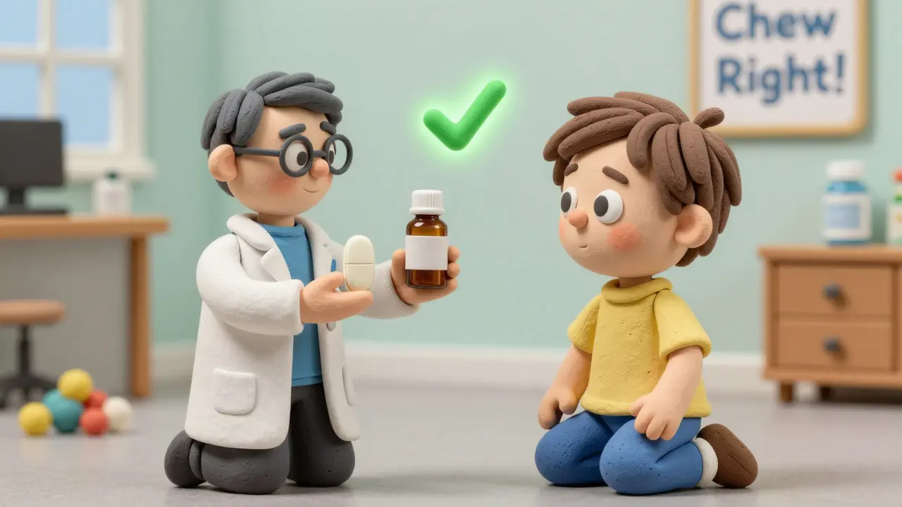 Pharmacist teaching a child about chewable medicine with glowing checkmark above tablet.