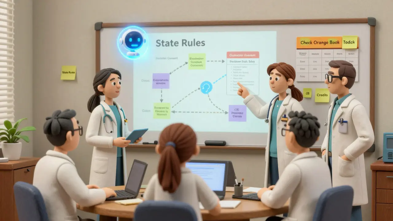 Pharmacy team discussing state-specific rules with AI-generated learning path on wall