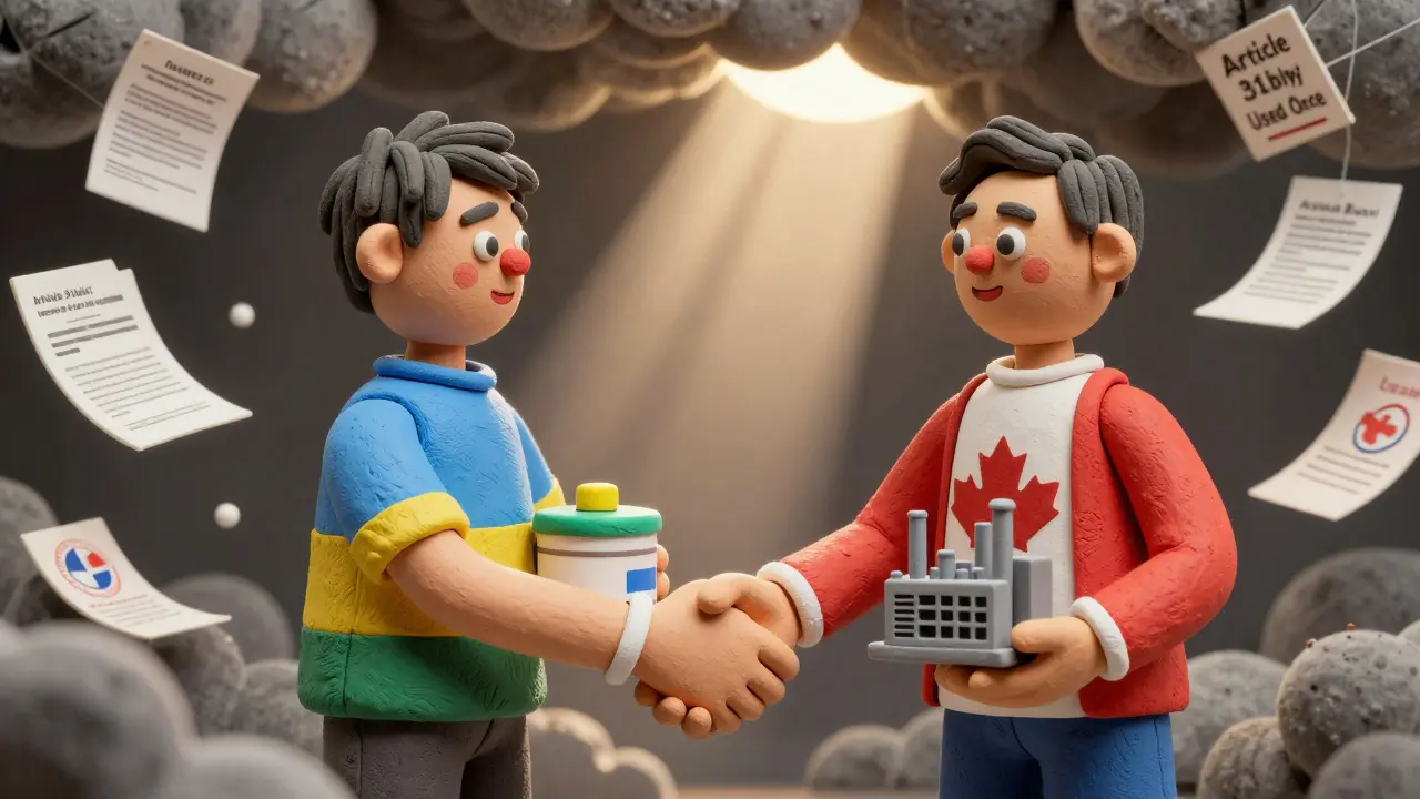 Rwanda and Canada figures shaking hands over medicine import, surrounded by legal obstacles and corporate shadows.