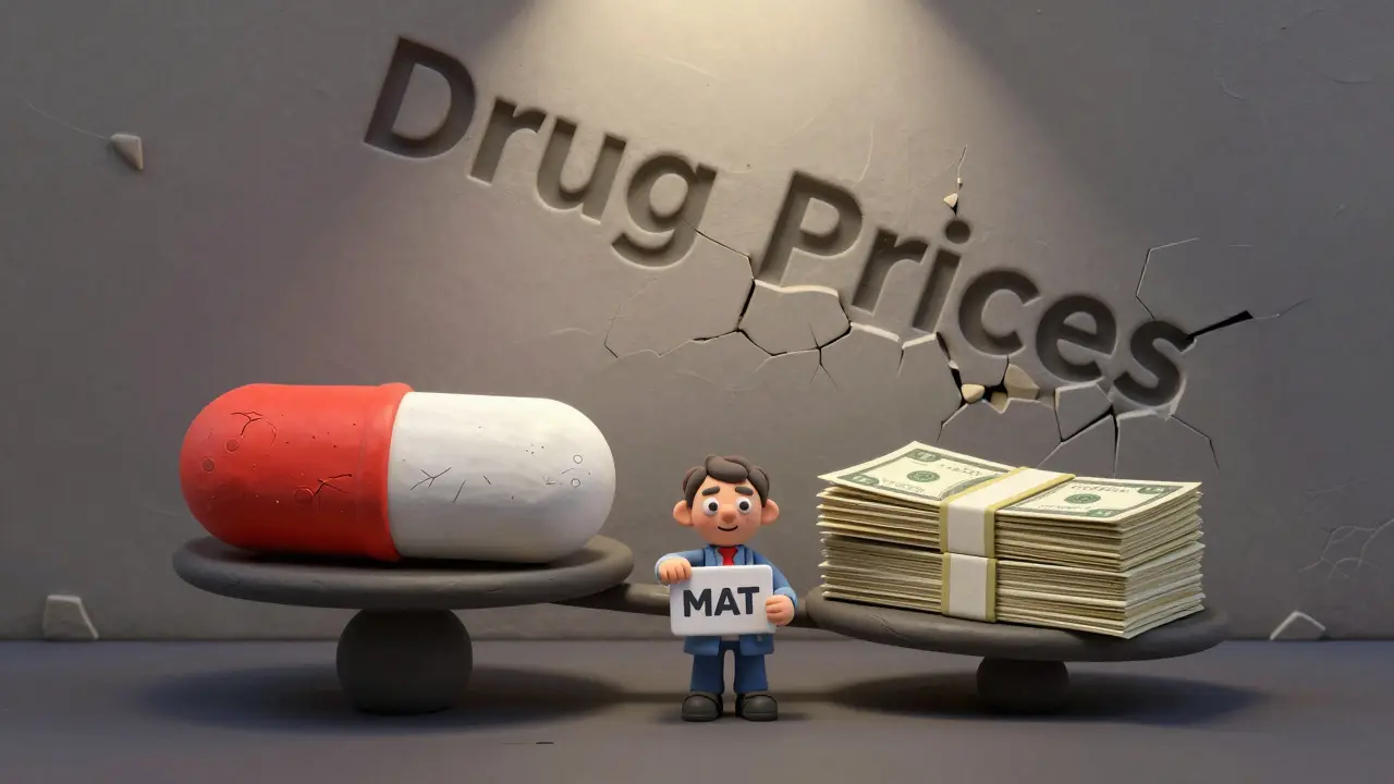 Scale balancing expensive pill against cash, with person holding assistance tool as drug prices crumble in clay art style.