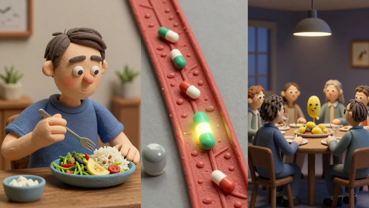 Split scene showing low-protein lunch with smooth medication absorption versus protein-heavy dinner.