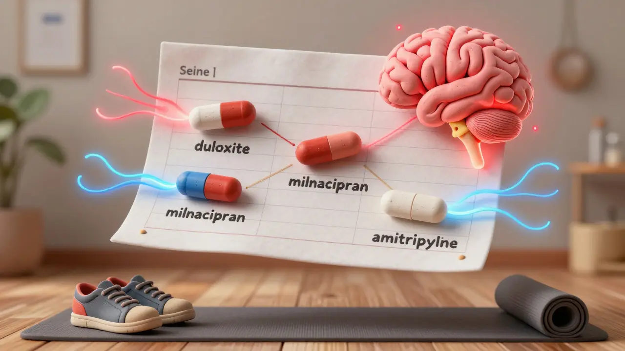 Three antidepressant pills floating near a glowing brain and spinal cord, with calming blue waves replacing red pain signals, beside yoga mats and sneakers.
