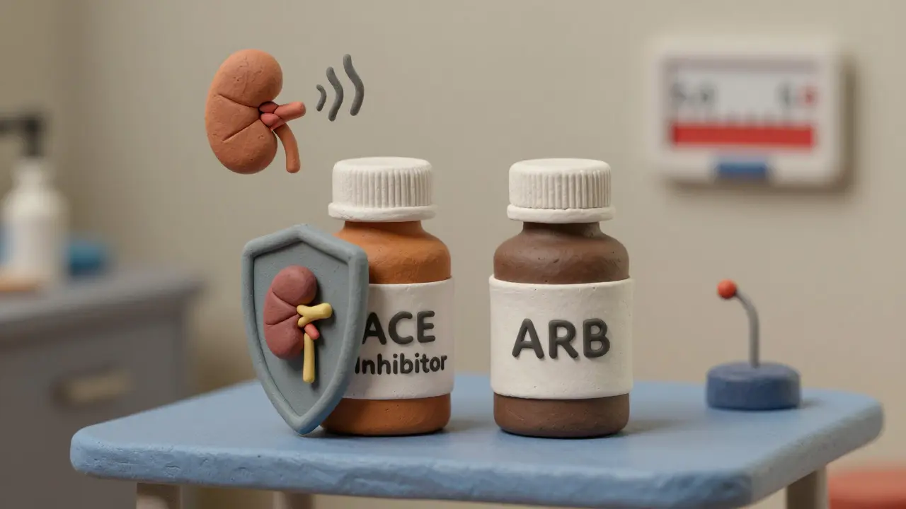 Two pill bottles beside a kidney, one blocking cough, a potassium gauge safely low.
