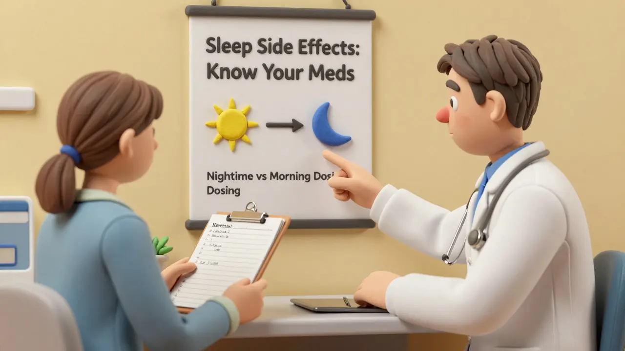 A doctor and patient reviewing a sleep diary at a clinic, with a sun and moon chart showing dosing times.