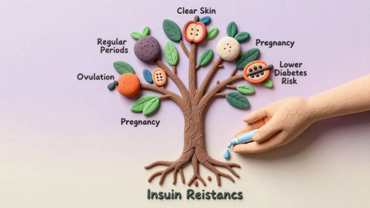 A medical tree with roots labeled 'Insulin Resistance' and fruits representing health benefits, watered by metformin drops.