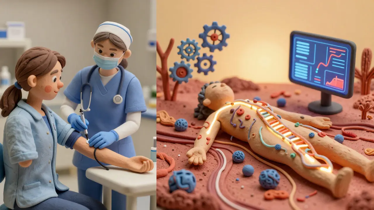 A patient receiving a blood draw while digital ctDNA analysis flows through the body.