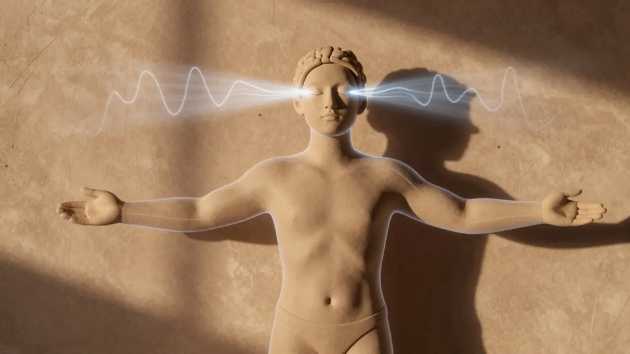 A person standing in morning sunlight, with a transparent body showing biological changes that improve sleep.