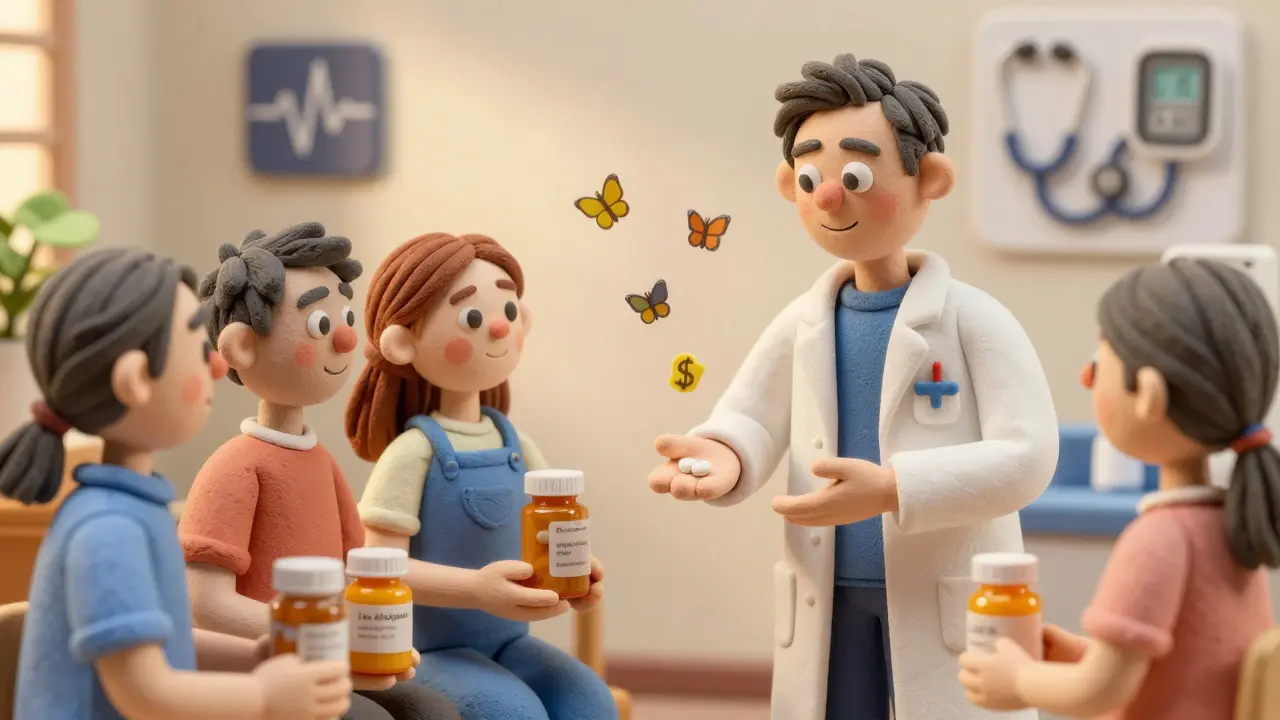 A pharmacist giving a single pill to patients in exchange for multiple pill bottles, dollar signs turning into butterflies.