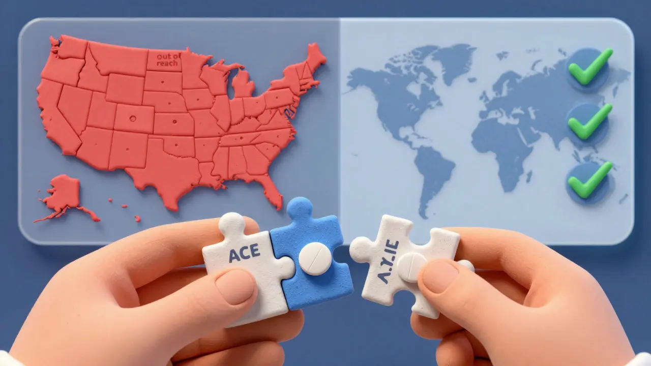 A puzzle of three heart meds fitting together, with one missing piece, against a backdrop of U.S. and global access differences.