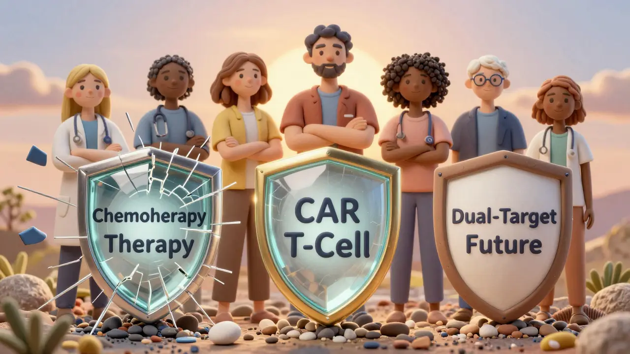 Clay-style metaphor of old chemotherapy breaking apart as new therapies rise with hopeful patients behind them.