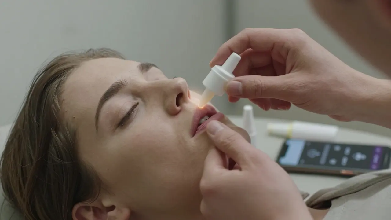 Close-up of someone pressing a naloxone nasal spray into a nostril while another spray and phone lie nearby.