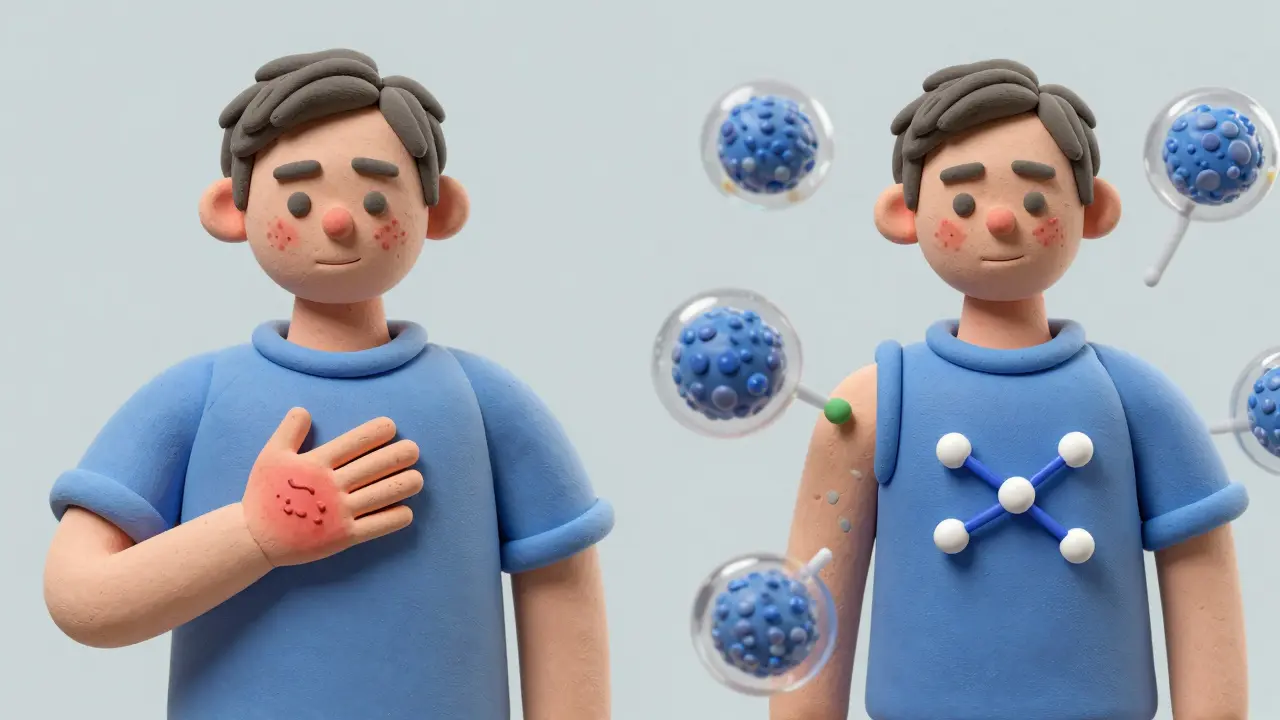 Contrasting images of allergic reaction vs. controlled desensitization with immune cells adapting to medication.