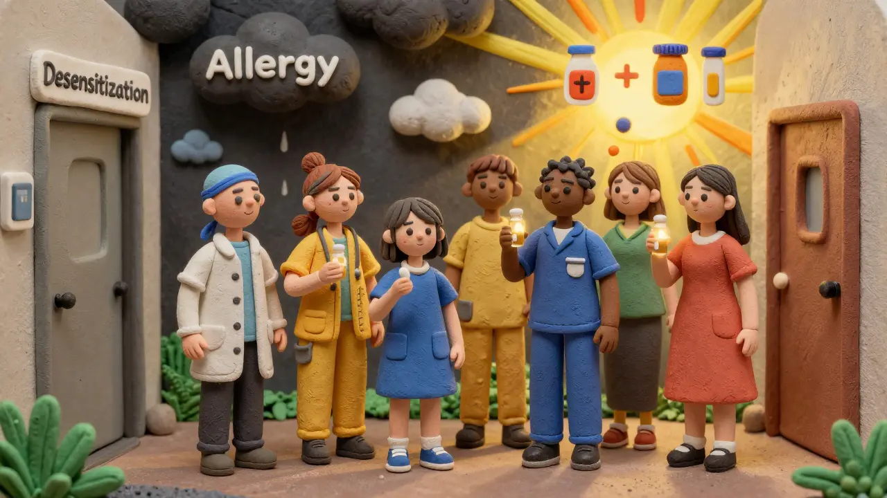 Diverse patients walking toward hope through desensitization, holding life-saving medications.