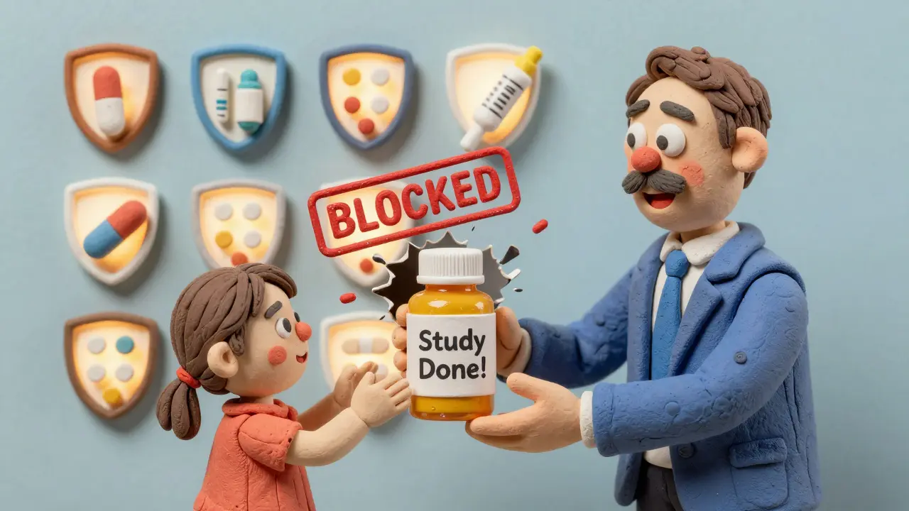 Executive gives child a pill bottle while shields protect all drug forms from generics