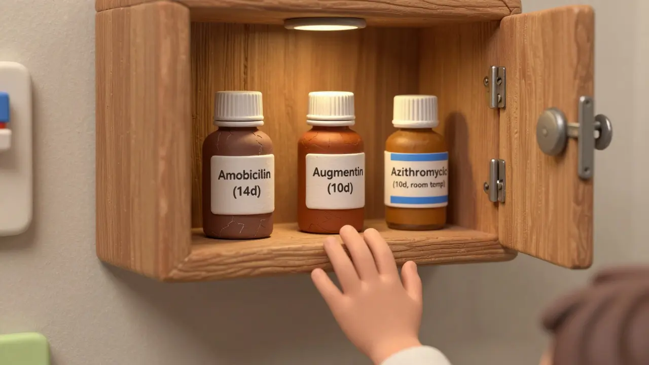 Locked high cabinet with labeled antibiotic bottles for children.
