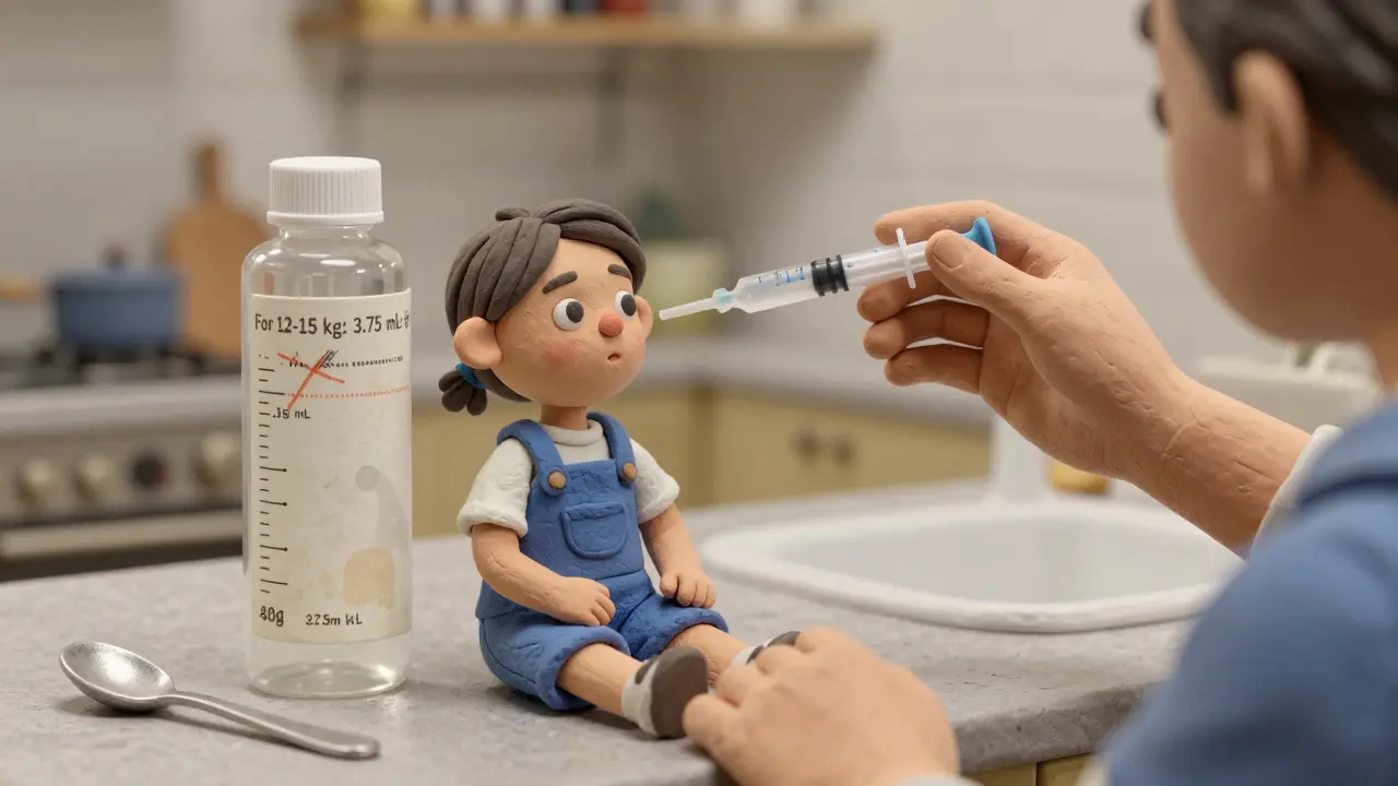 Parent measuring medicine with syringe while weight-based label is visible