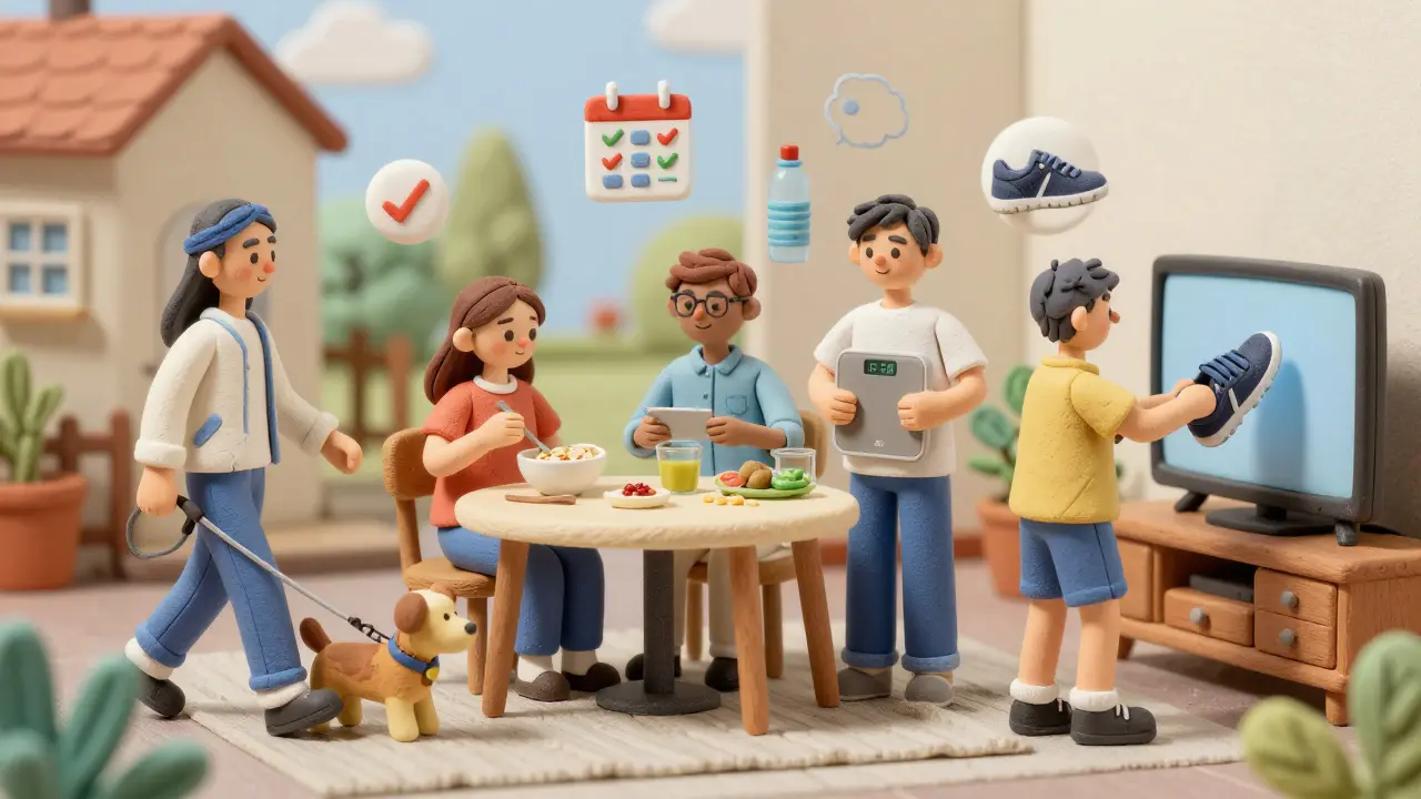 People practicing daily habits like walking, eating breakfast, and turning off the TV