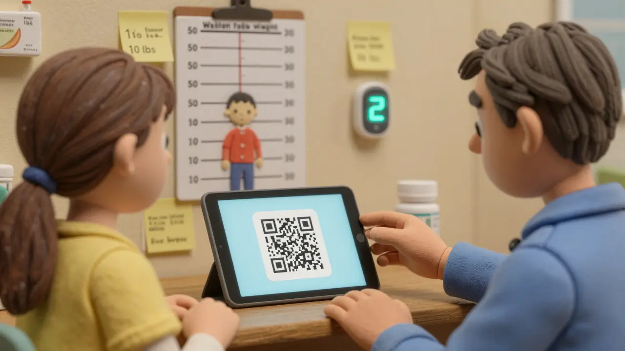 Pharmacist helping parent with QR code and weight chart on wall