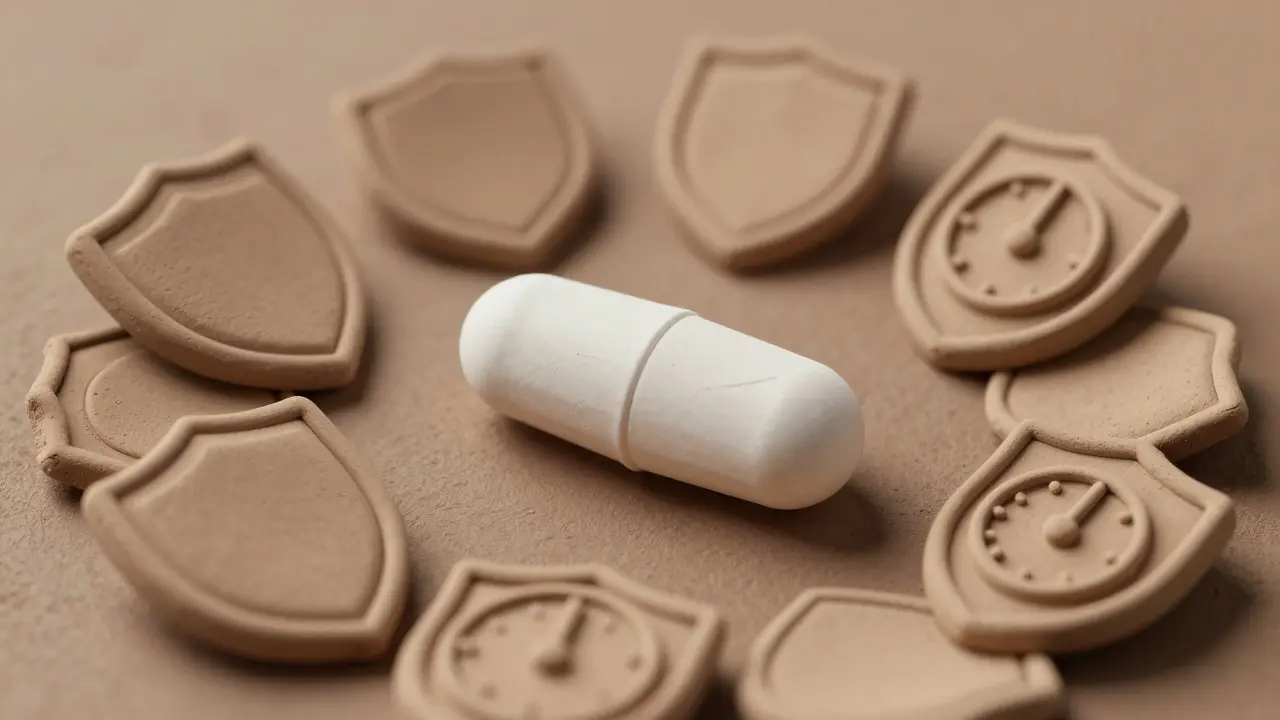 Pill surrounded by patent shields and clock symbolizing delayed generic entry.