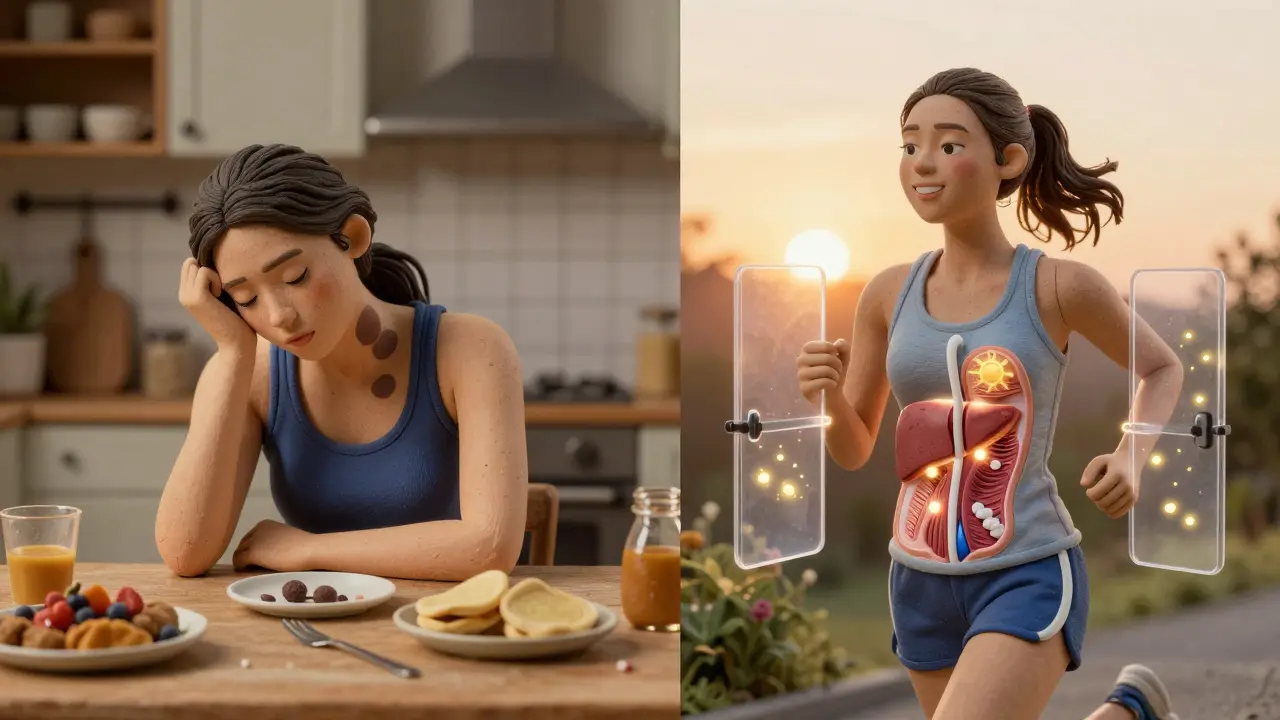 Split scene: a tired woman beside sugary foods versus the same woman jogging at sunrise with glowing insulin receptors.