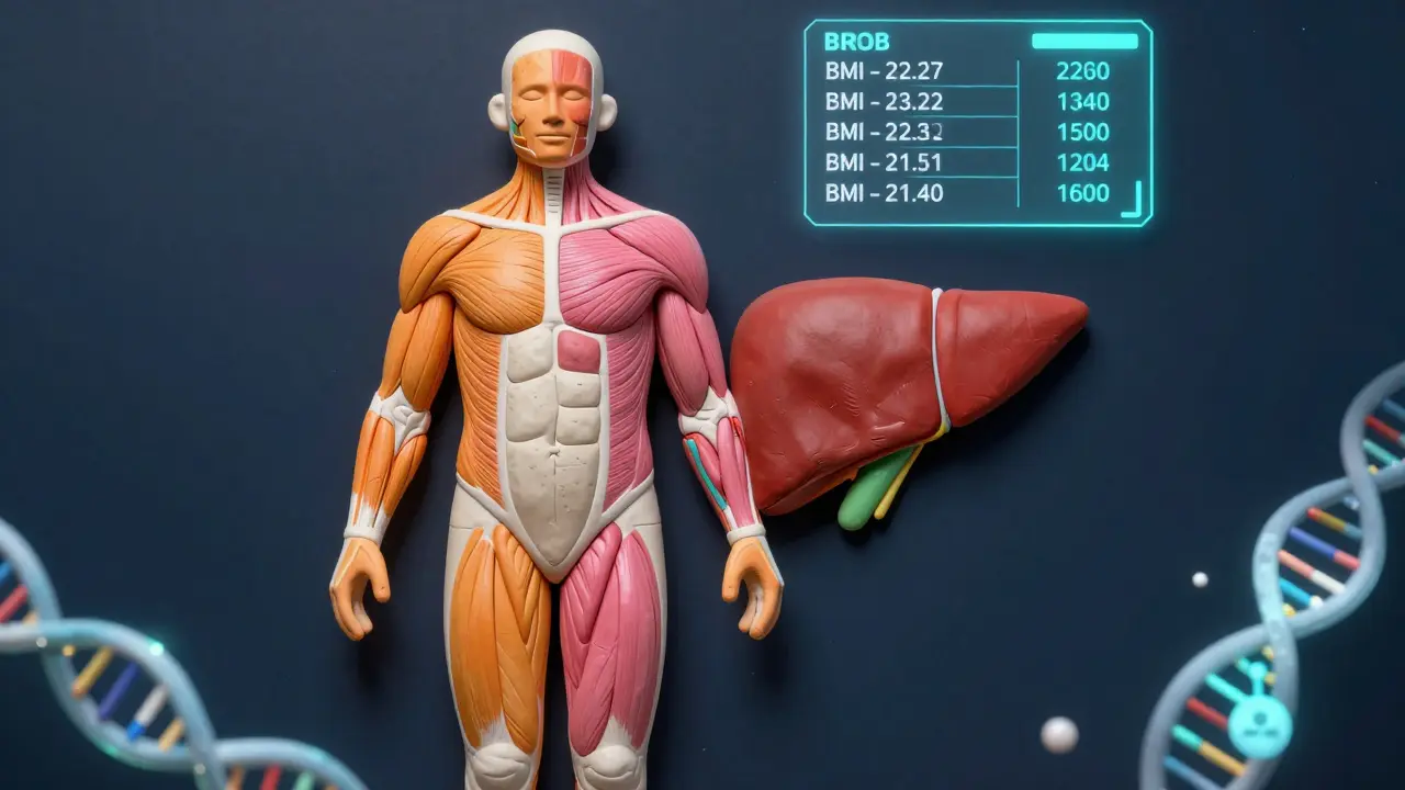 A 3D body scan displaying fat, muscle, and liver regions with personalized dosage numbers projected above.
