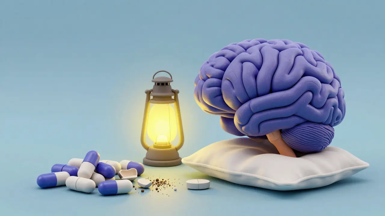 A clay brain with a dimming pineal gland beside a tiny melatonin tablet, as large pills crumble into dust.