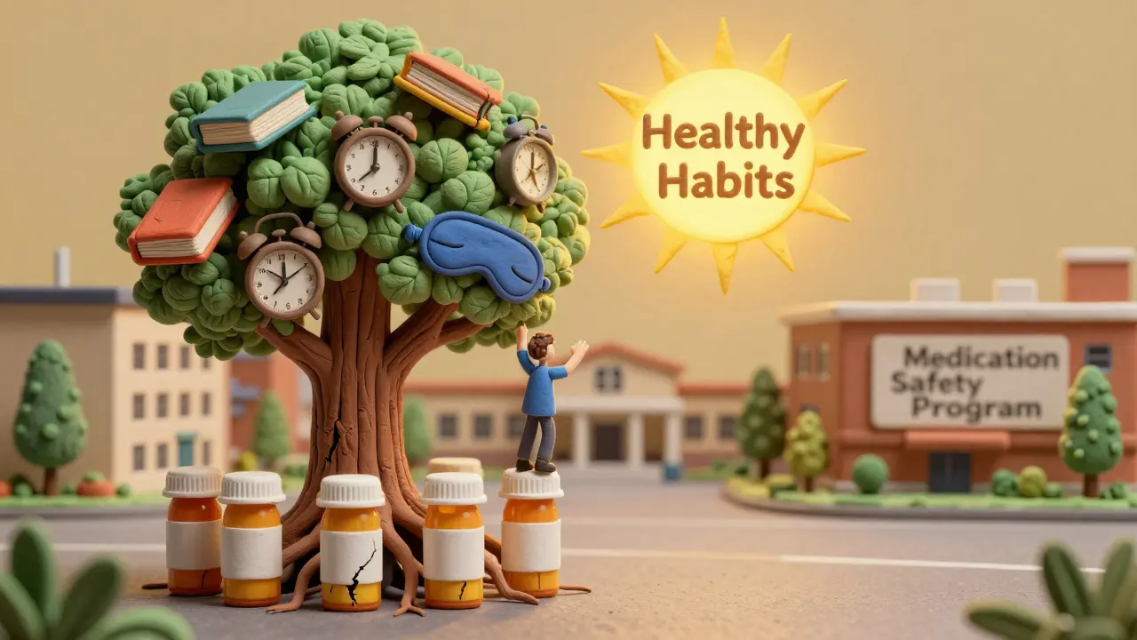 A clay tree with prescription bottle roots grows books and sleep masks, with a figure climbing toward a sun labeled 'Healthy Habits'.