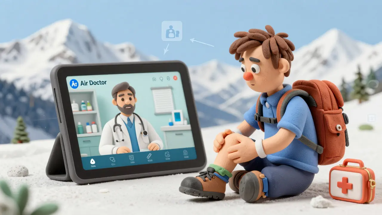 A hiker in the Alps video-calls a doctor via a telemedicine app while holding their injured ankle.
