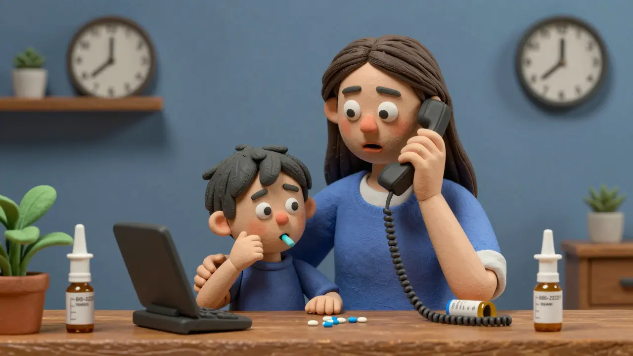 A mother calling Poison Control after a child ingests medicine, with naloxone and dosing bottle visible.