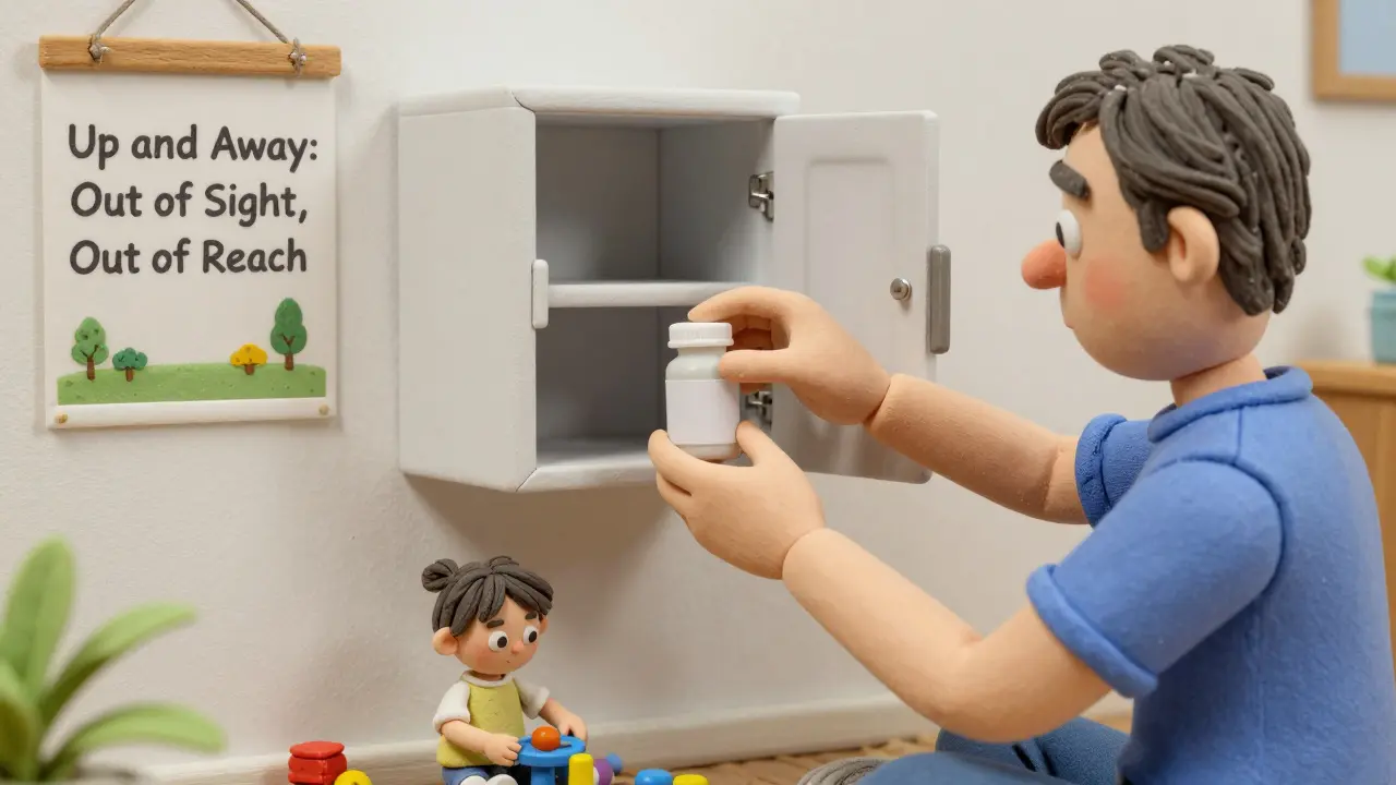 A parent storing medicine in a locked cabinet while a child plays safely on the floor.