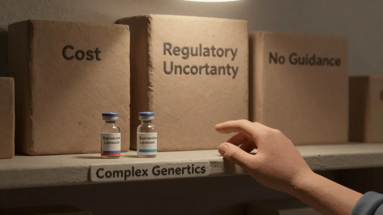 A patient's hand reaching for an almost empty shelf of complex generic drugs under heavy barriers.