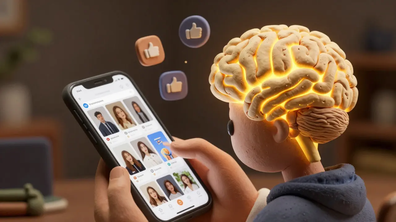 A person’s brain glowing with reward centers as they scroll social media, showing how algorithms shape unconscious conformity.