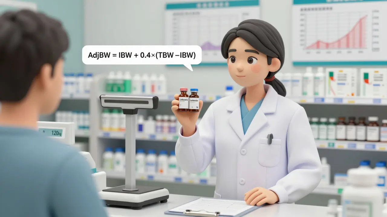 A pharmacist comparing two antibiotic doses beside a scale, with an adjusted body weight formula visible nearby.