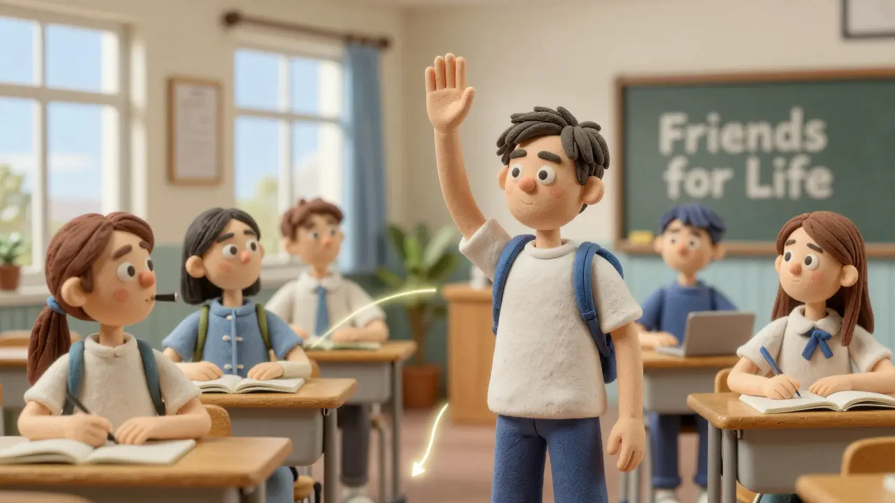 A quiet student positively influencing peers by modeling healthy behavior, with glowing connections symbolizing quiet leadership.