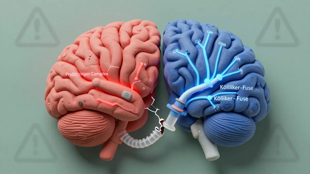 A split brain showing opioid and GABA pathways suppressing breathing centers, in clay texture.