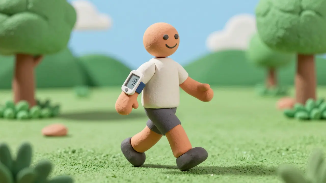 Active clay figure walking outdoors with a wearable health device.