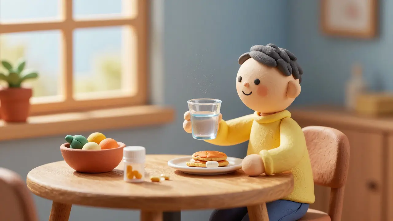 Character having a calm morning breakfast with medication nearby