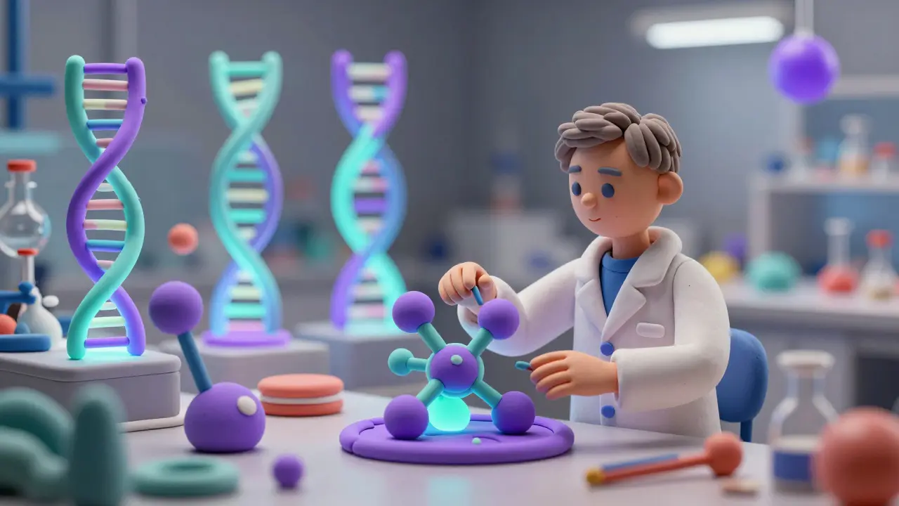 Clay artist rendition of a scientist studying glowing molecule structures.