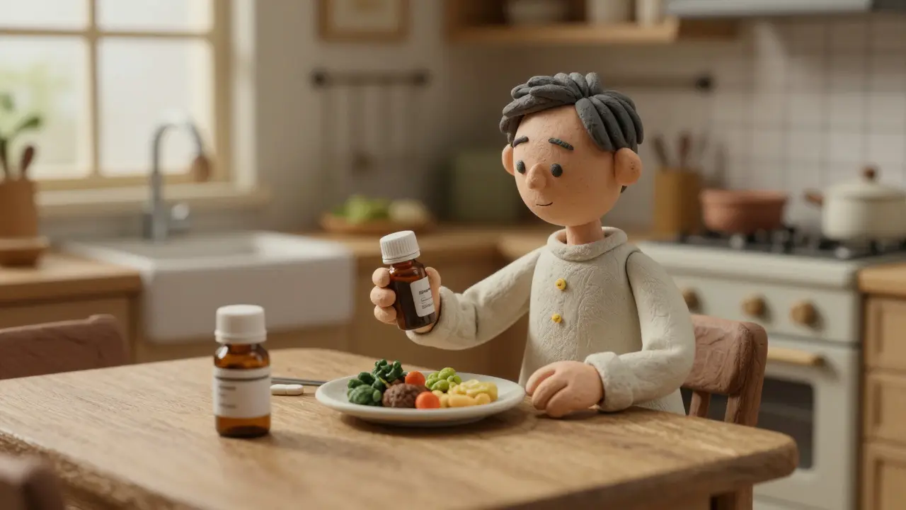 Clay figure taking medication with food in a cozy kitchen setting.